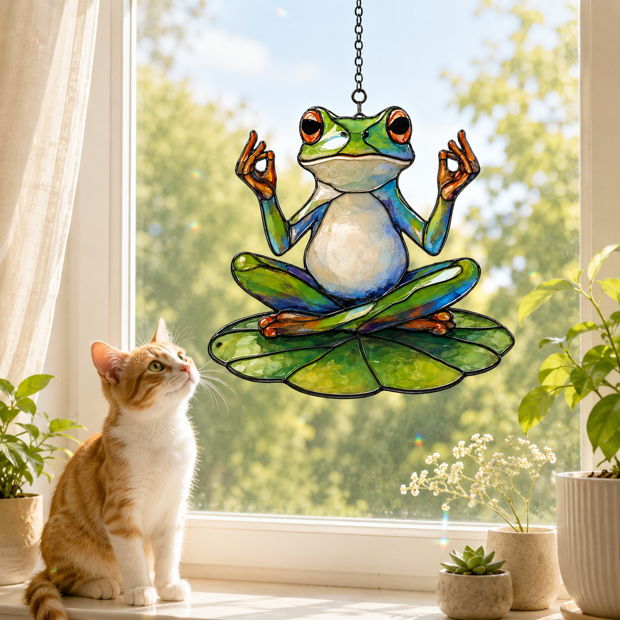 Zen meditating frog suncatcher above a kitchen window