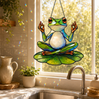 Zen meditating frog suncatcher casting colorful shadows