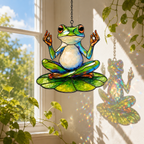 Zen meditating frog suncatcher with rainbow sparkles