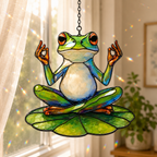 Zen meditating frog suncatcher in a bright living room window