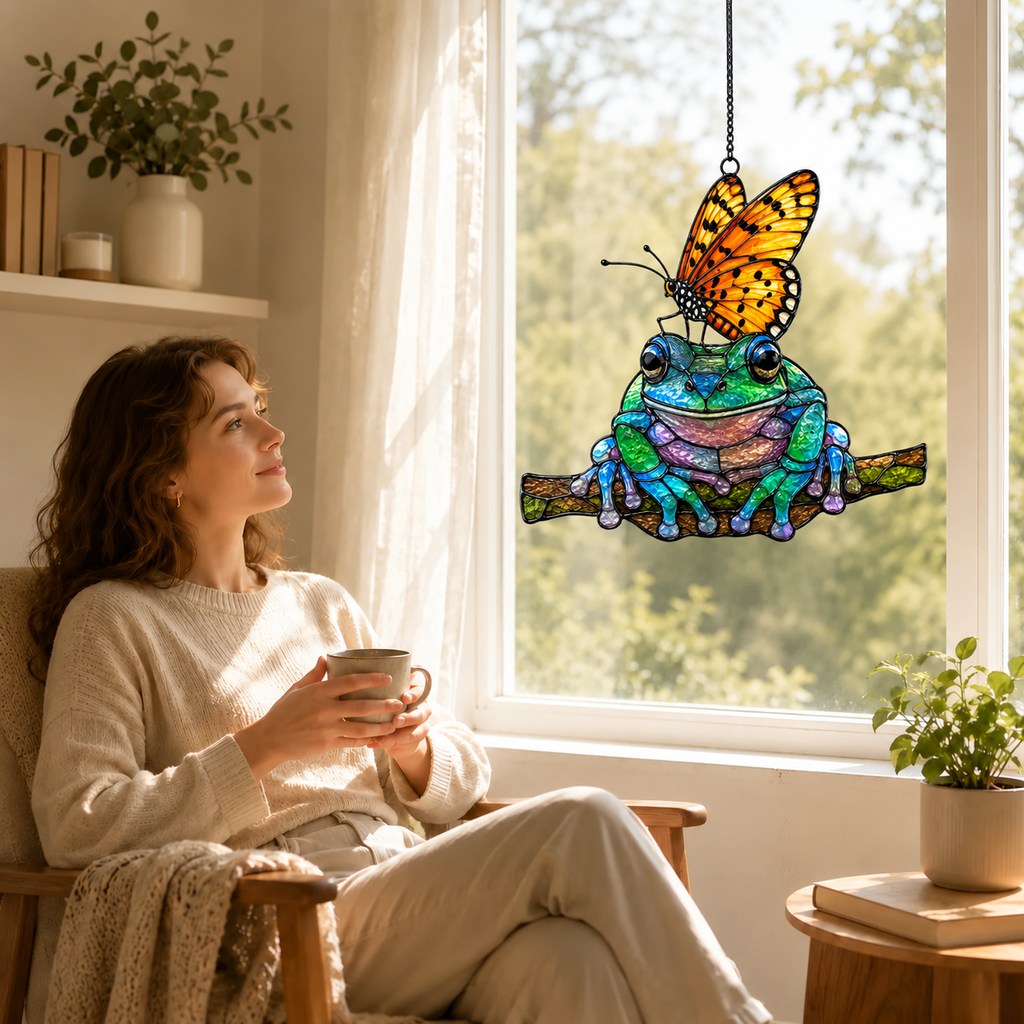 Frog and monarch butterfly suncatcher by a cozy reading window