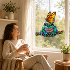 Frog and monarch butterfly suncatcher by a cozy reading window