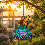 Frog and monarch butterfly suncatcher in a garden at sunset