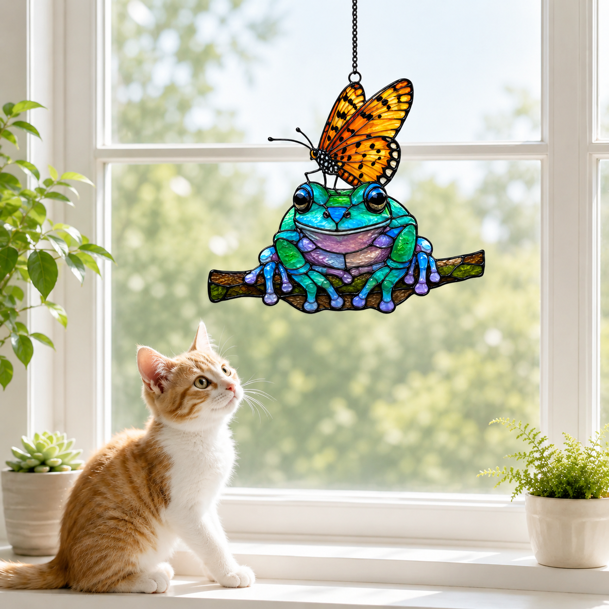 Cat admiring frog and monarch butterfly suncatcher on a windowsill