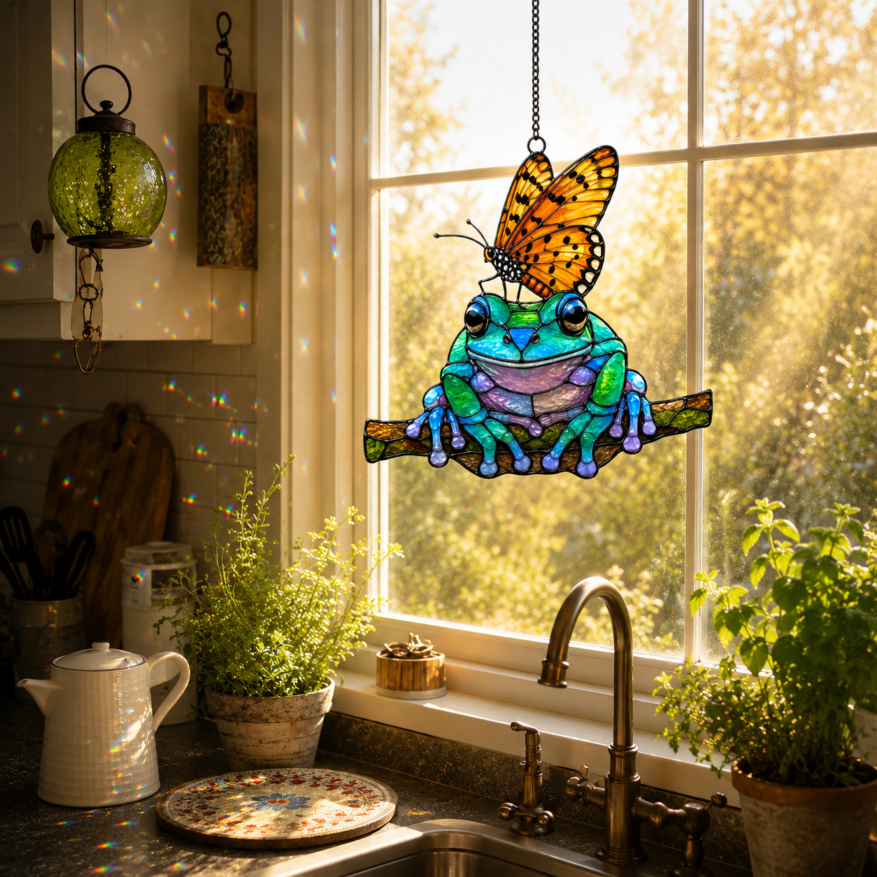 Frog and monarch butterfly suncatcher above a kitchen window