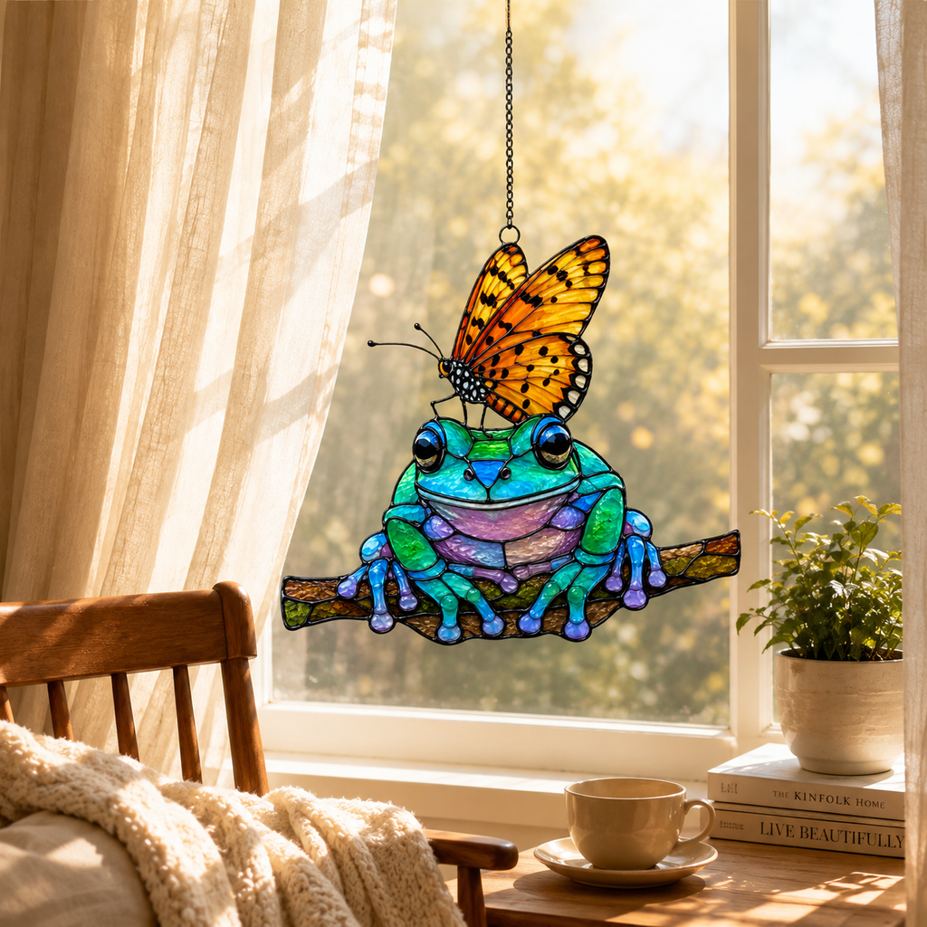 Frog and monarch butterfly suncatcher in a breakfast nook window