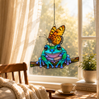 Frog and monarch butterfly suncatcher in a breakfast nook window