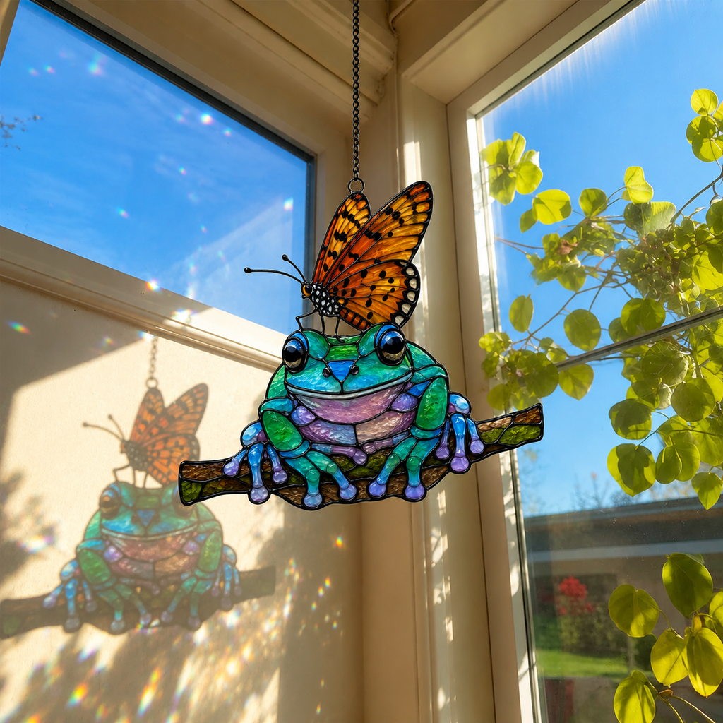 Frog and monarch butterfly suncatcher casting colorful shadows