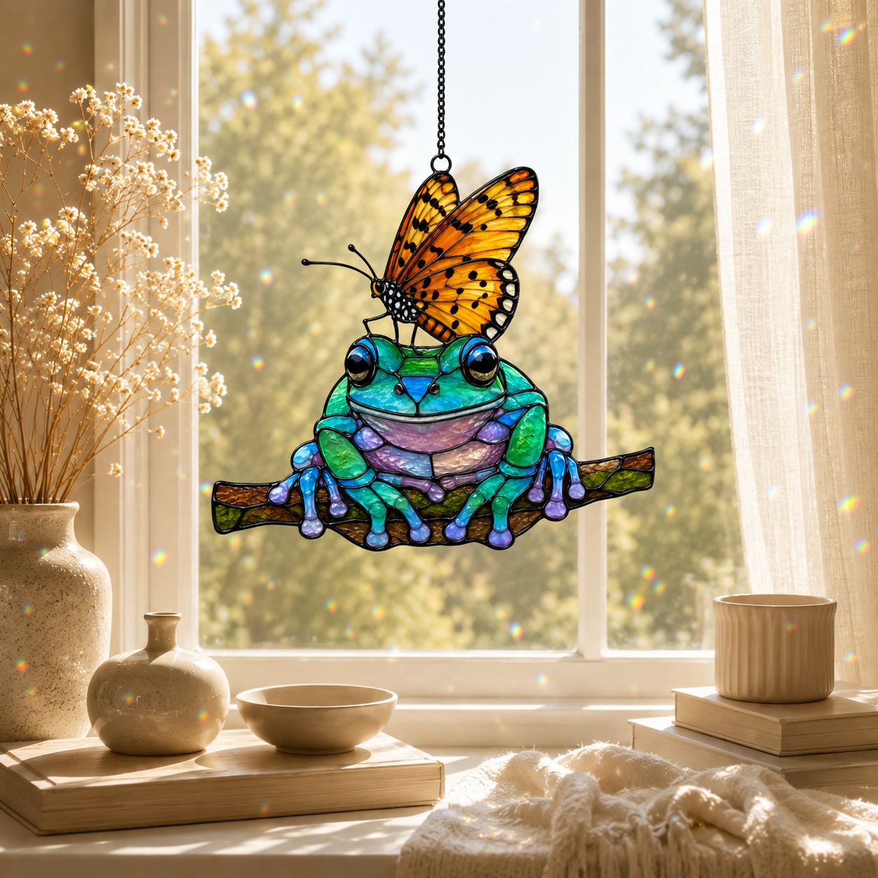 Frog and monarch butterfly suncatcher with books and ceramics