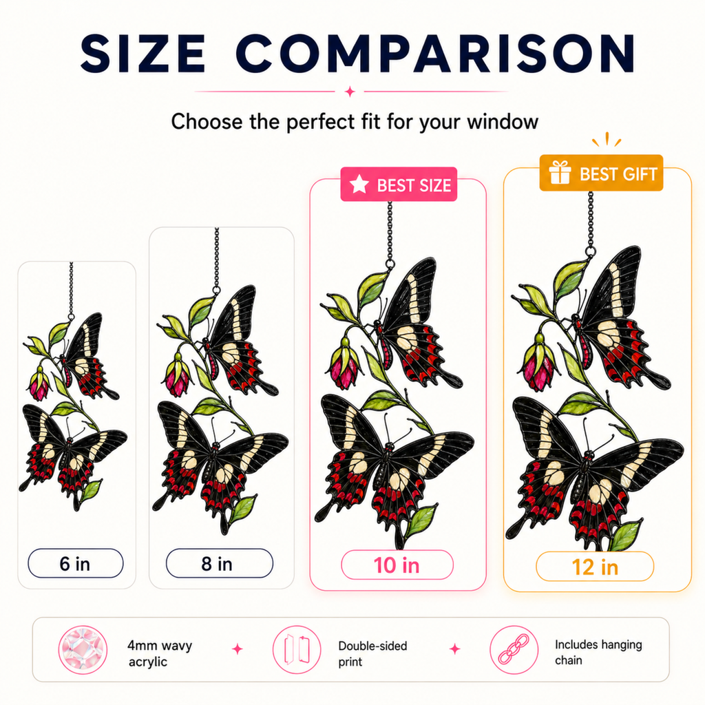 Black swallowtail butterflies fuchsia suncatcher size comparison 6 8 10 12 inch