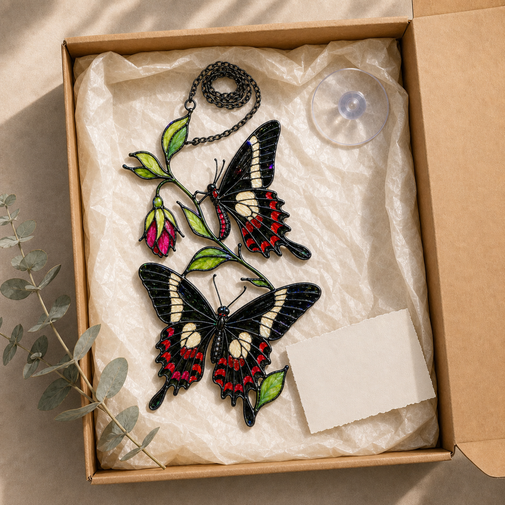 Black swallowtail butterflies fuchsia suncatcher gift box packaging