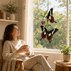Black swallowtail butterflies fuchsia suncatcher by a cozy reading window