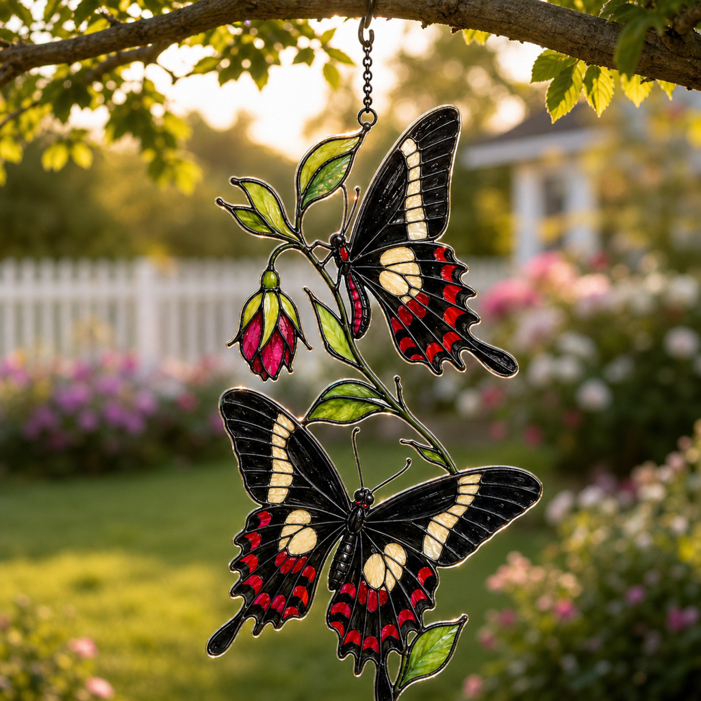 Black swallowtail butterflies fuchsia suncatcher in a garden at golden hour