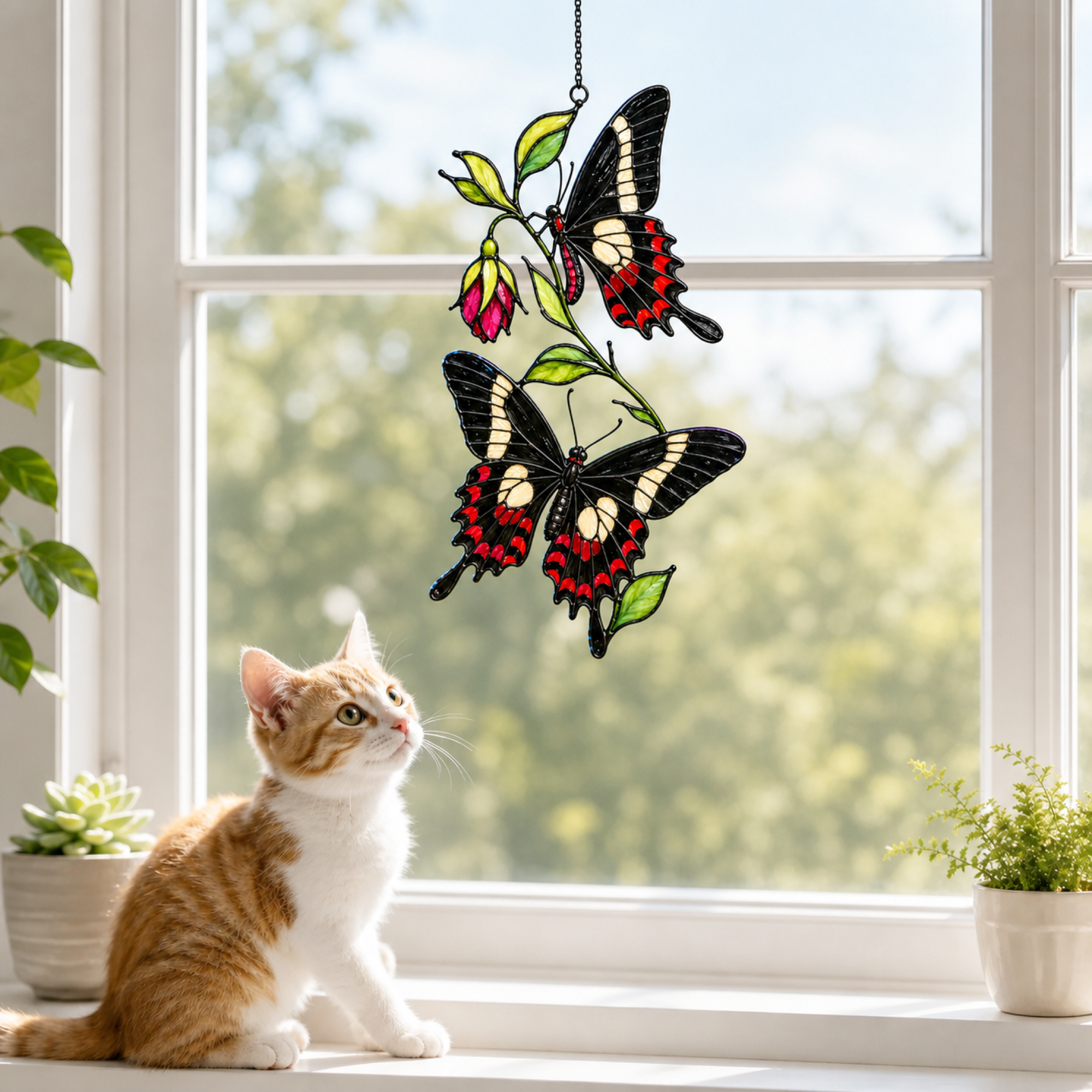 Cat admiring black swallowtail butterflies fuchsia suncatcher on a windowsill