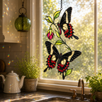 Black swallowtail butterflies fuchsia suncatcher above a kitchen window