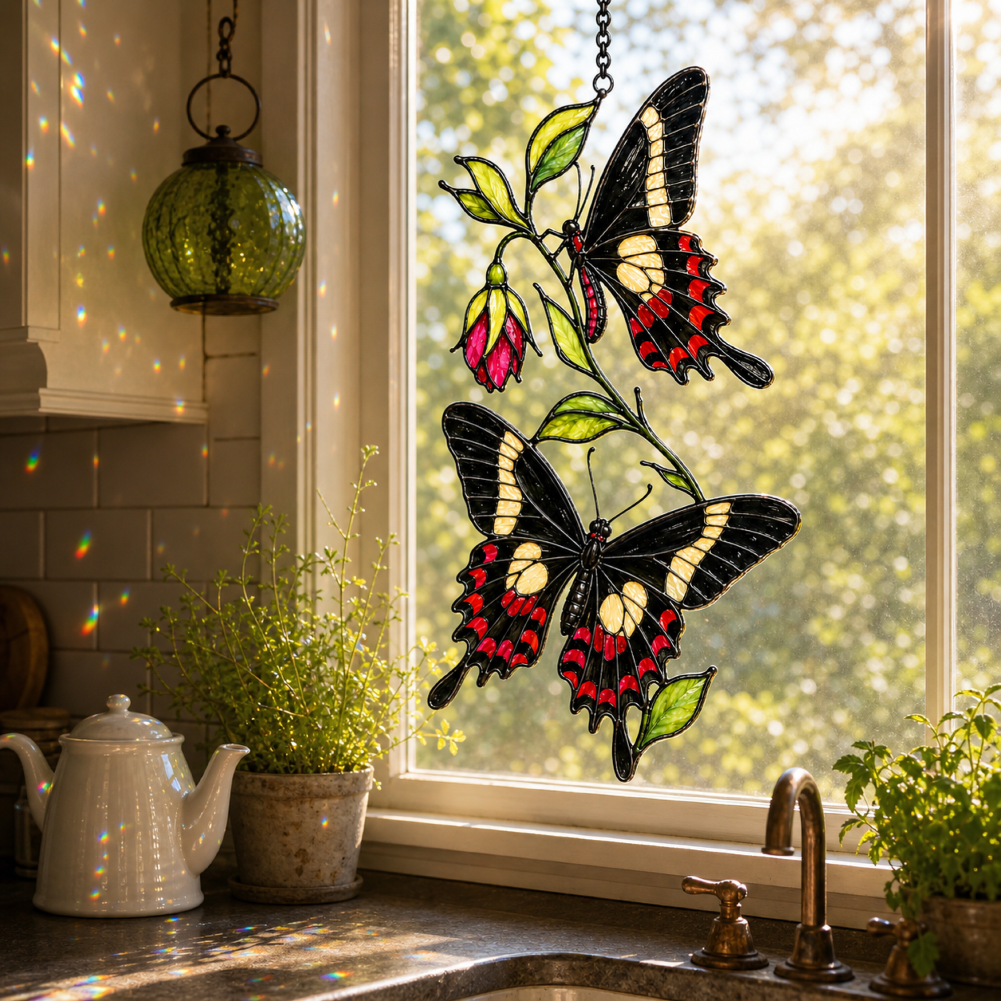 Black swallowtail butterflies fuchsia suncatcher above a kitchen window