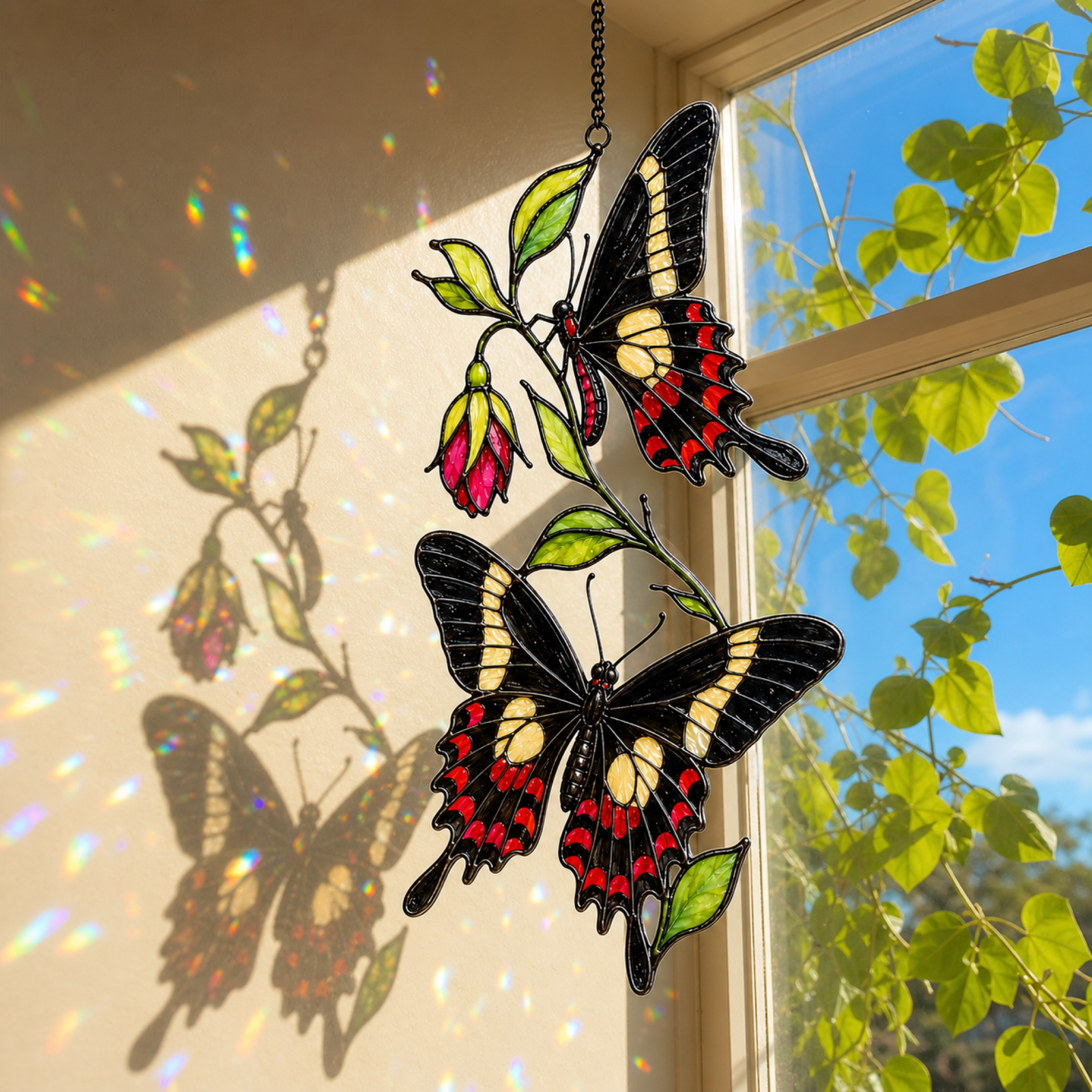 Black swallowtail butterflies fuchsia suncatcher casting colorful shadows