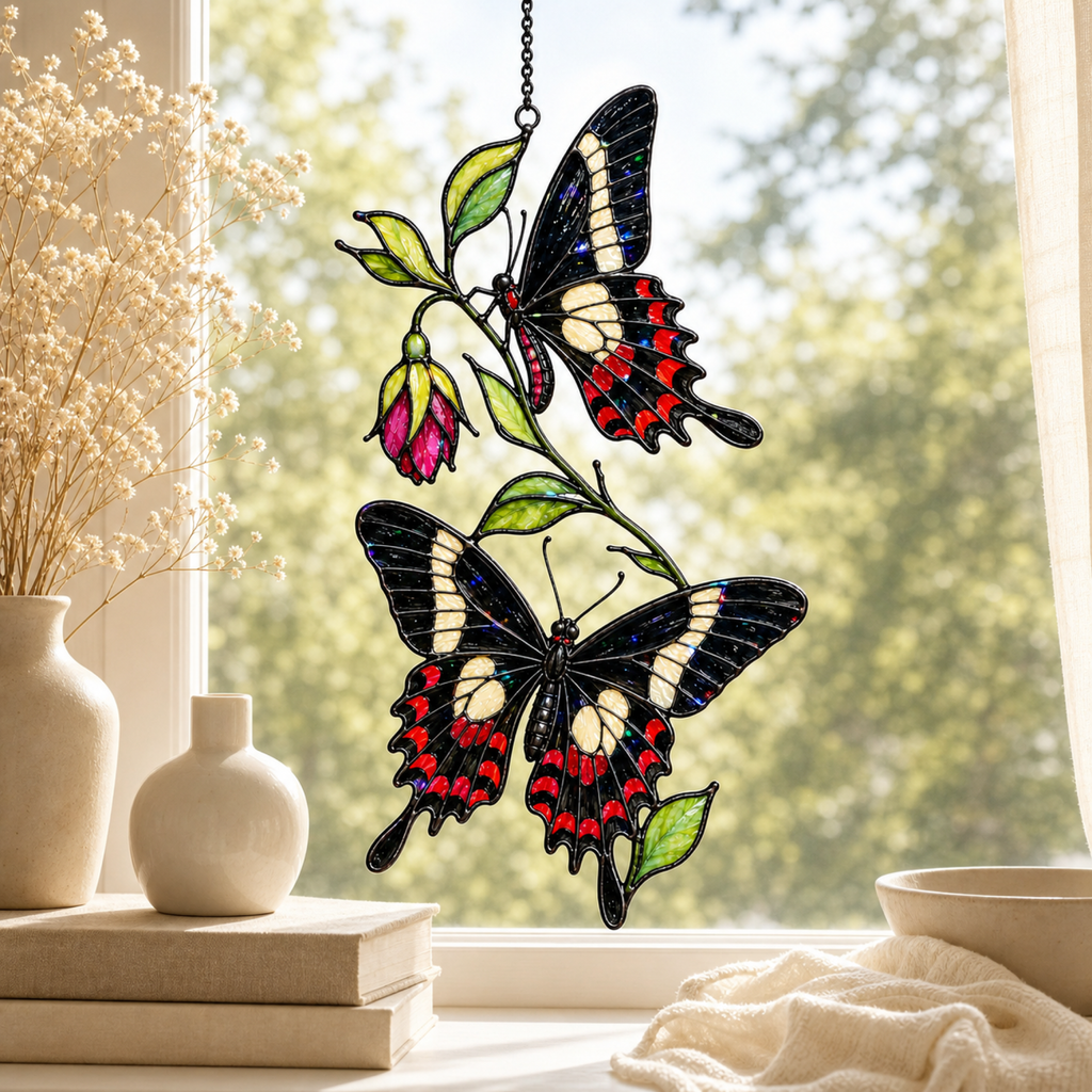 Black swallowtail butterflies fuchsia suncatcher with dried flowers decor