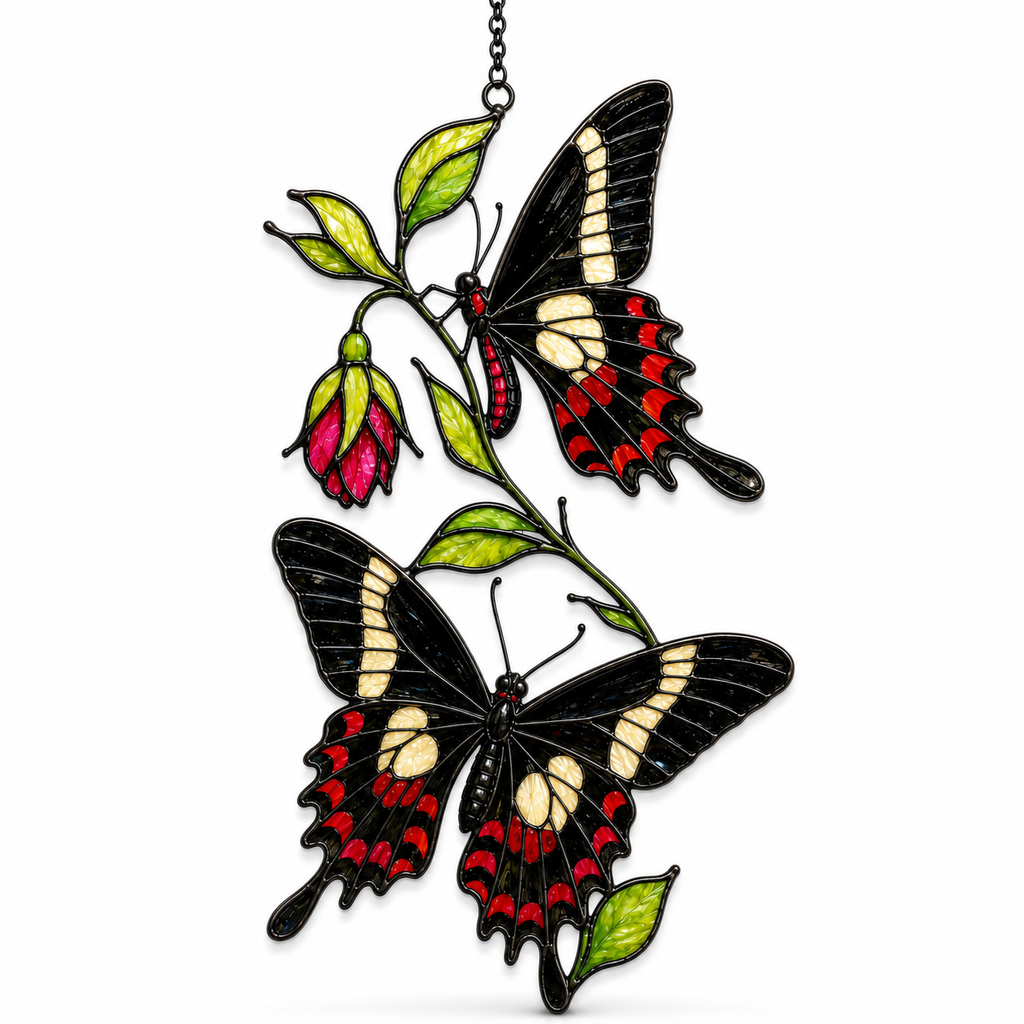 Black swallowtail butterflies and red fuchsia suncatcher artwork
