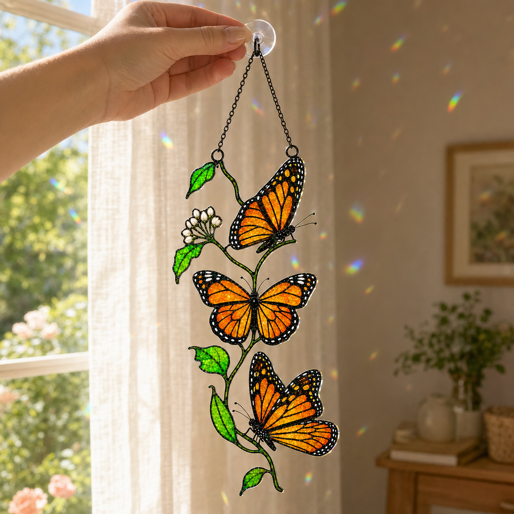 Hanging monarch butterfly trio suncatcher with suction hook