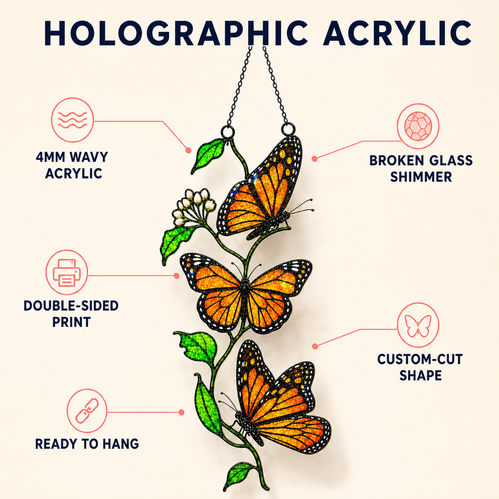 Monarch butterfly trio suncatcher holographic acrylic features