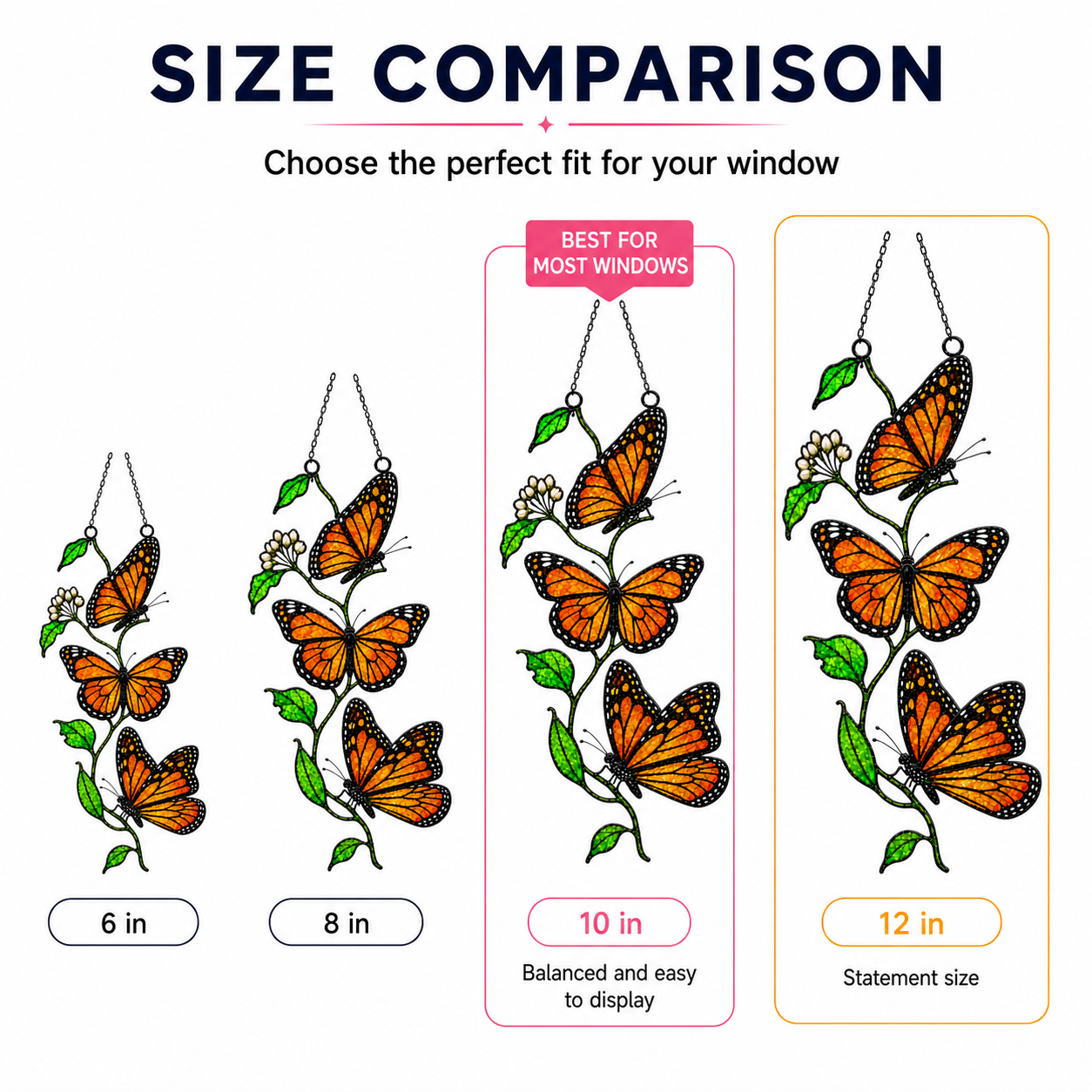 Monarch butterfly trio suncatcher size comparison 6 8 10 12 inch