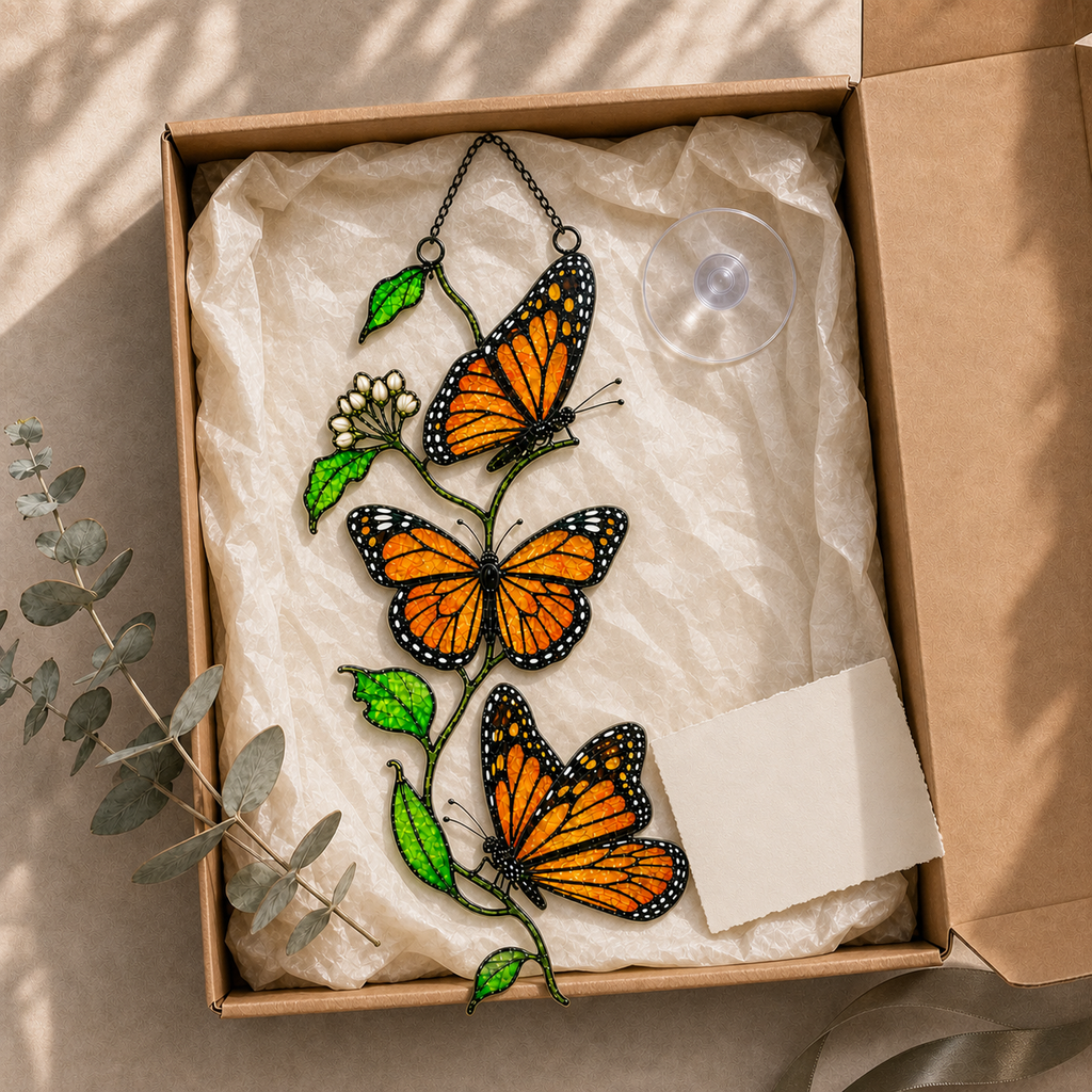 Monarch butterfly trio suncatcher gift box packaging