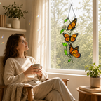 Monarch butterfly trio suncatcher by a cozy reading window