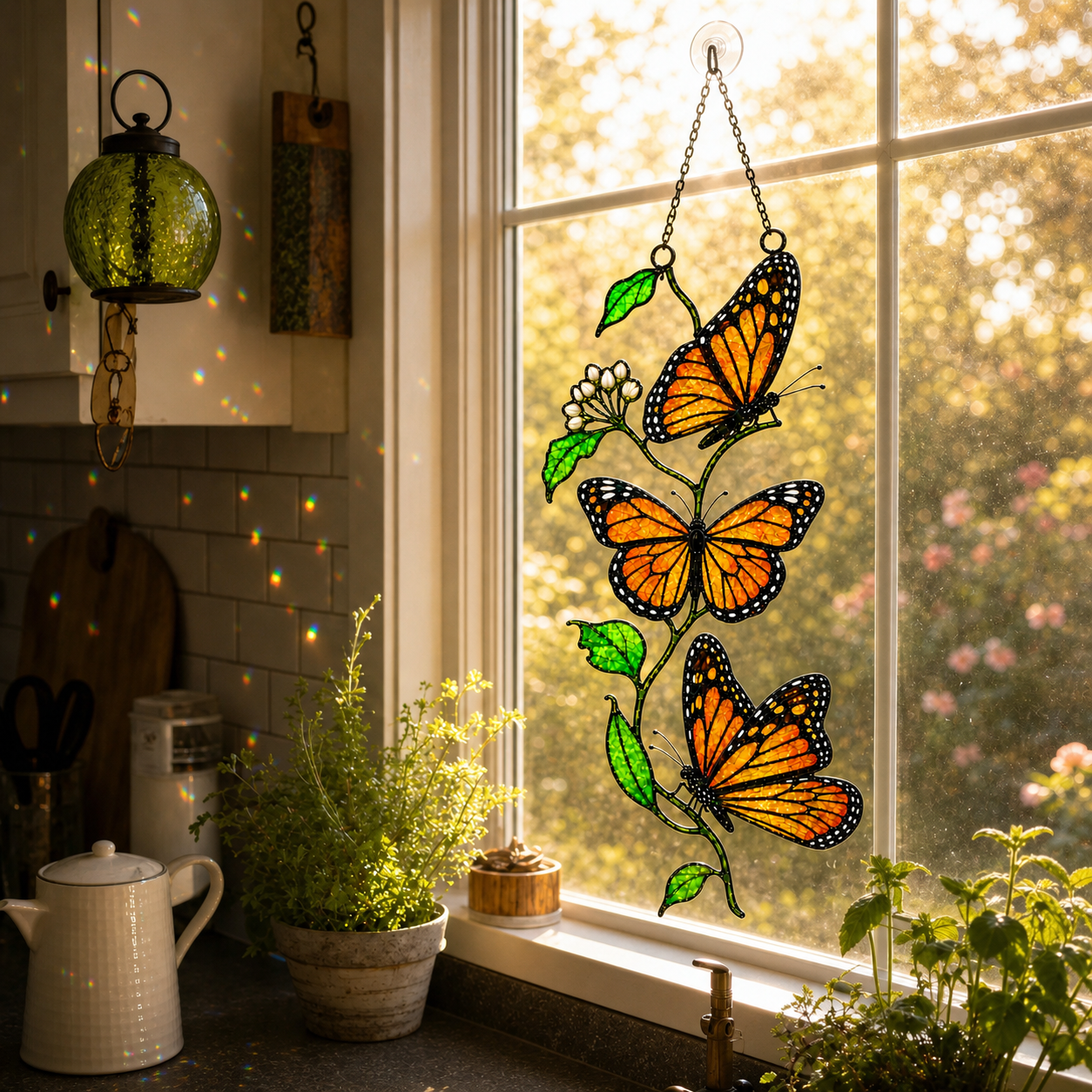 Monarch butterfly trio suncatcher above a kitchen window