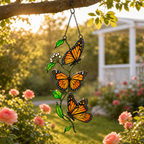 Monarch butterfly trio suncatcher in a garden at golden hour