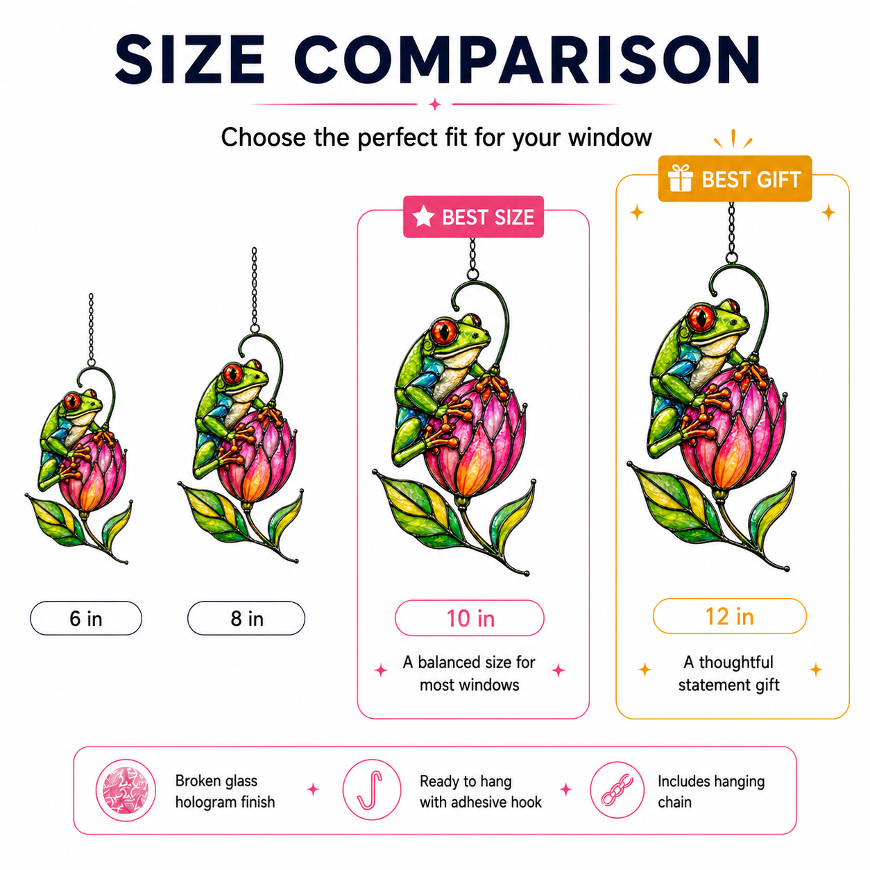 Tree frog pink tulip suncatcher size comparison 6 8 10 12 inch