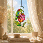 Tree frog pink tulip suncatcher in a sunlit window