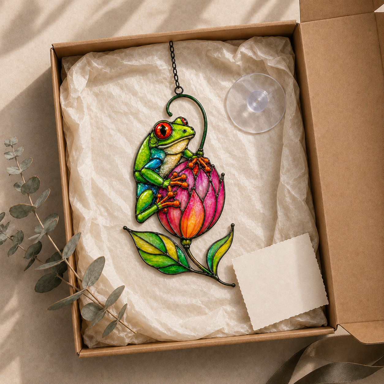Tree frog pink tulip suncatcher gift box packaging