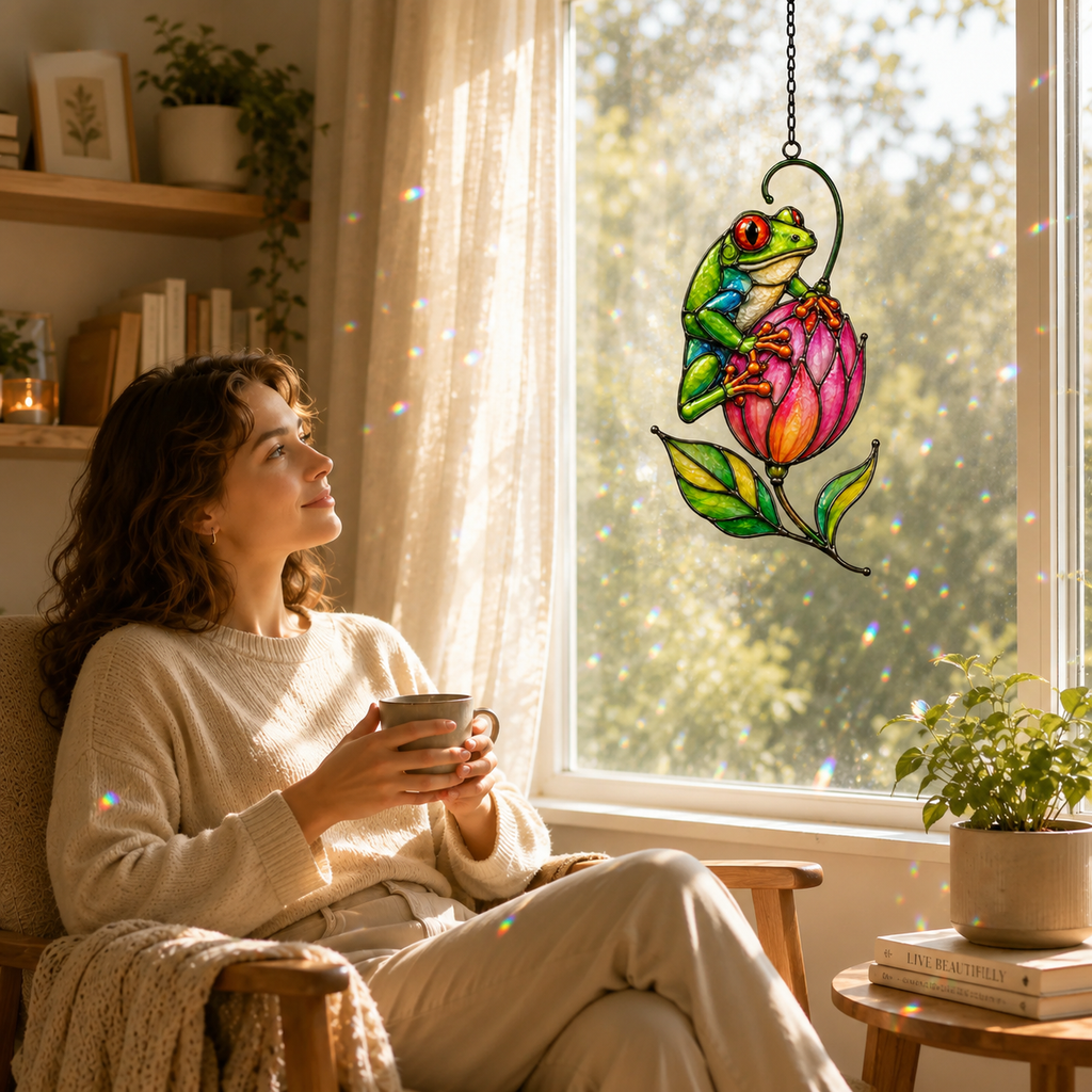 Tree frog pink tulip suncatcher by a cozy reading window