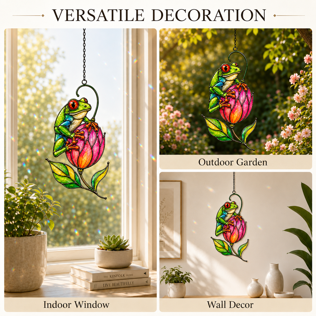 Tree frog pink tulip suncatcher versatile decoration indoor outdoor wall