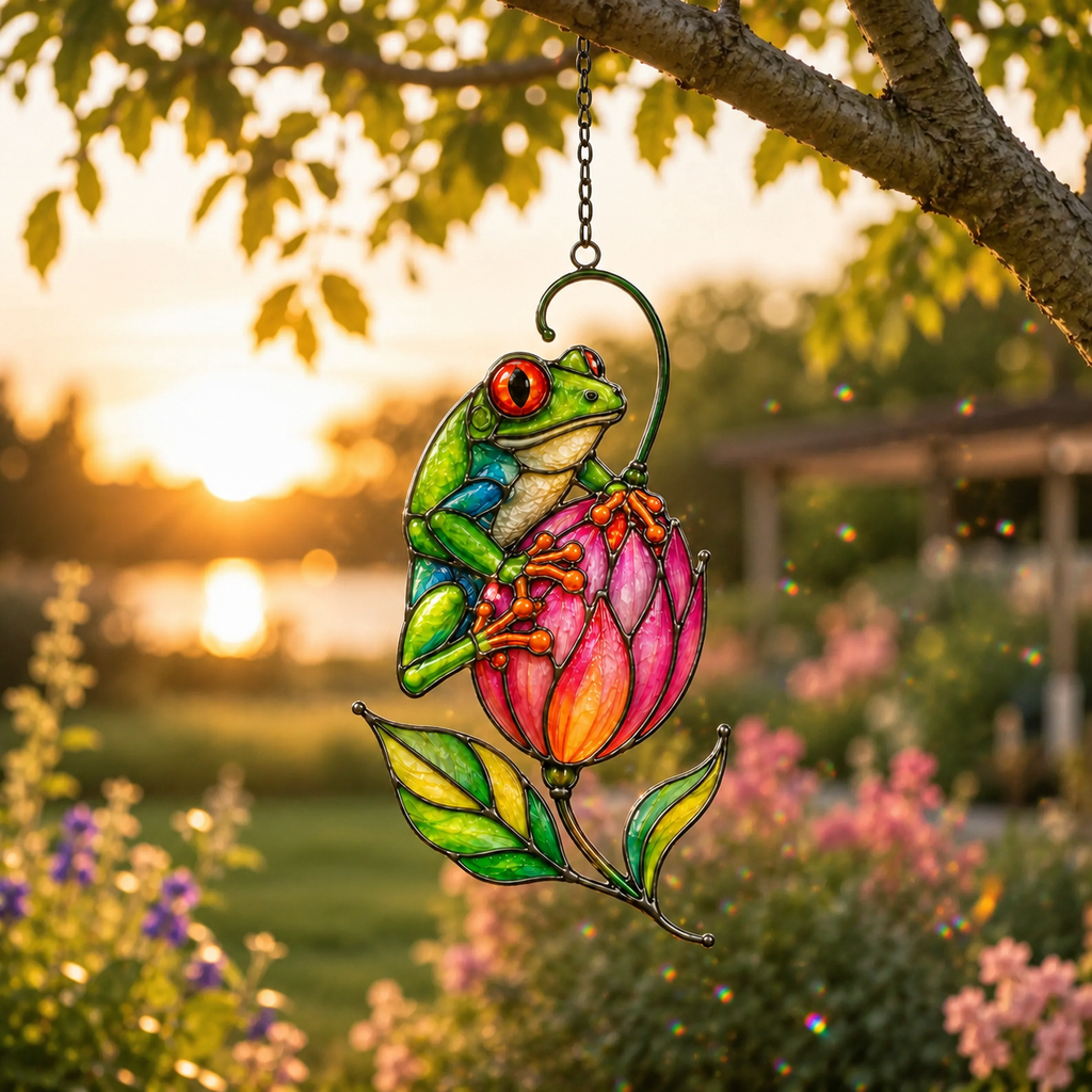 Tree frog pink tulip suncatcher in a garden at sunset