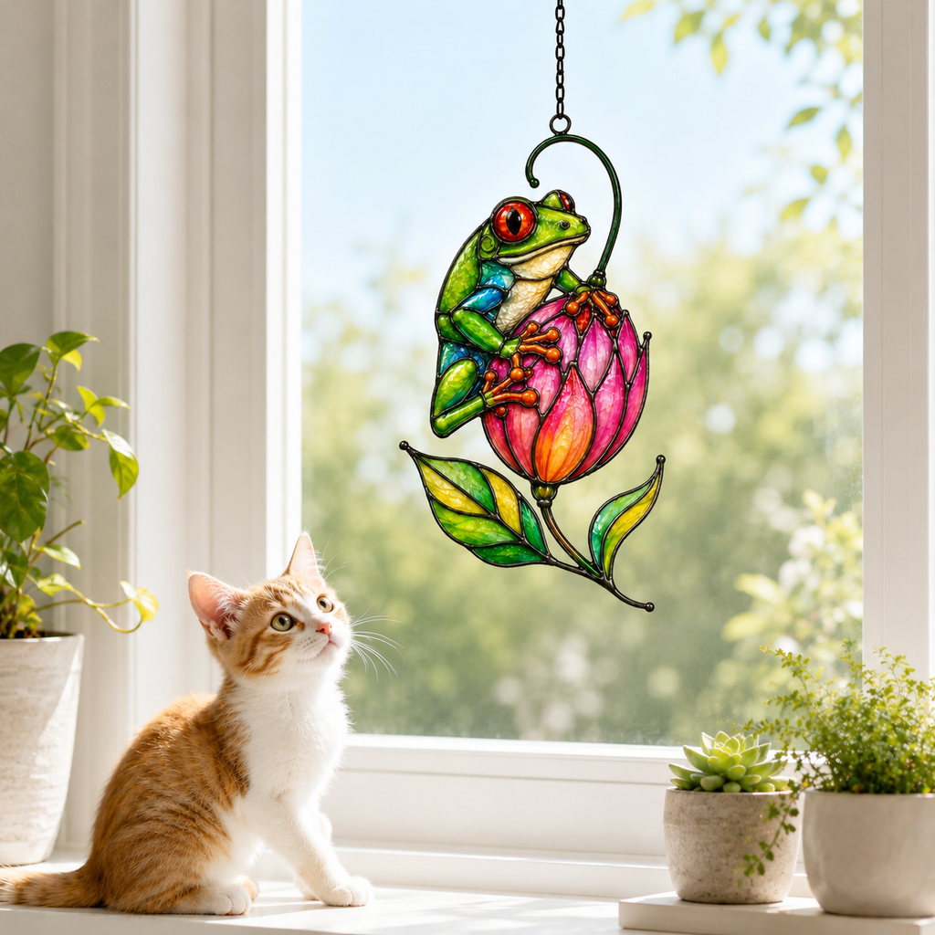 Cat admiring tree frog pink tulip suncatcher on a windowsill