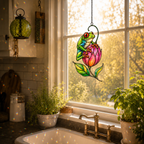 Tree frog pink tulip suncatcher above a kitchen window