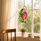 Tree frog pink tulip suncatcher in a dining room window