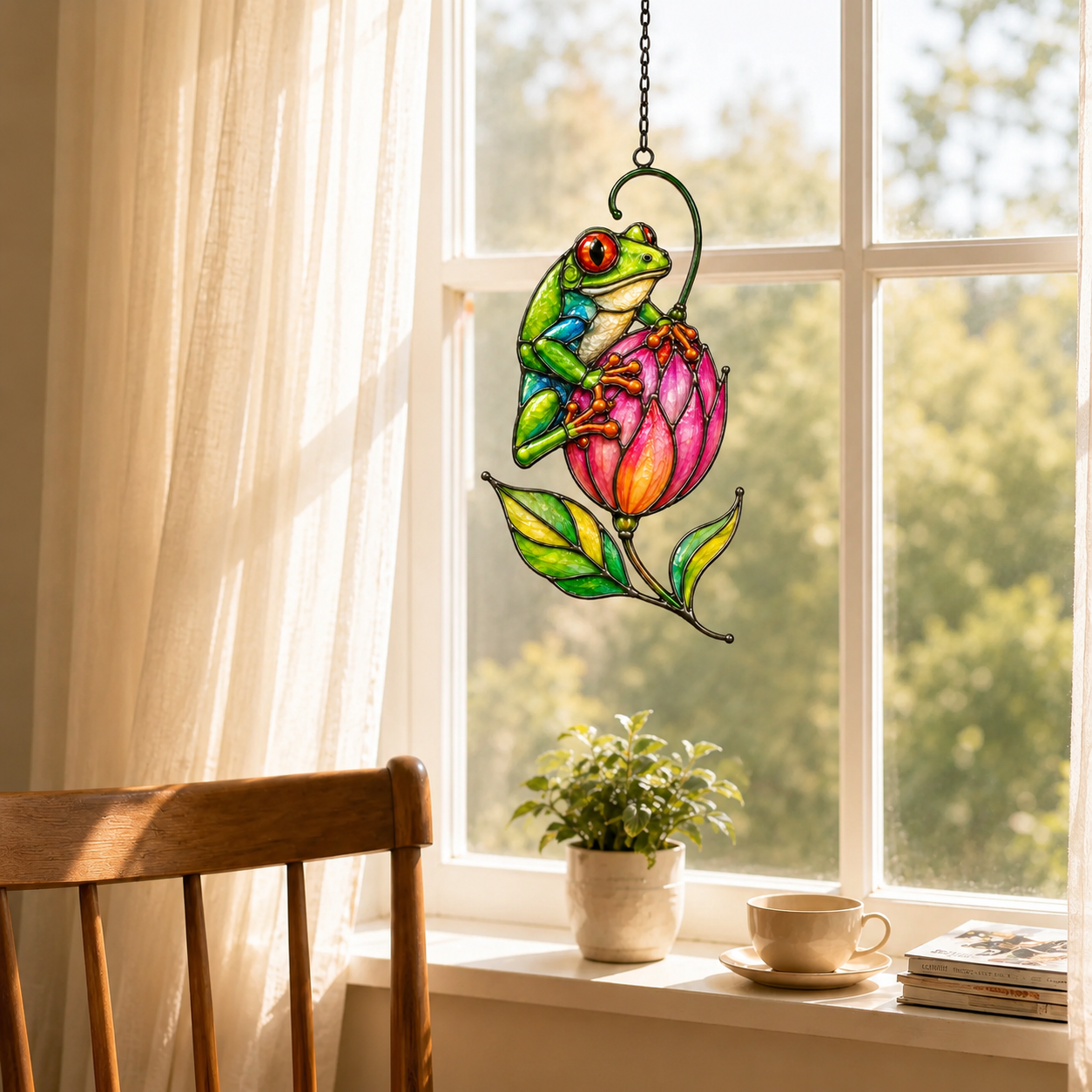 Tree frog pink tulip suncatcher in a dining room window