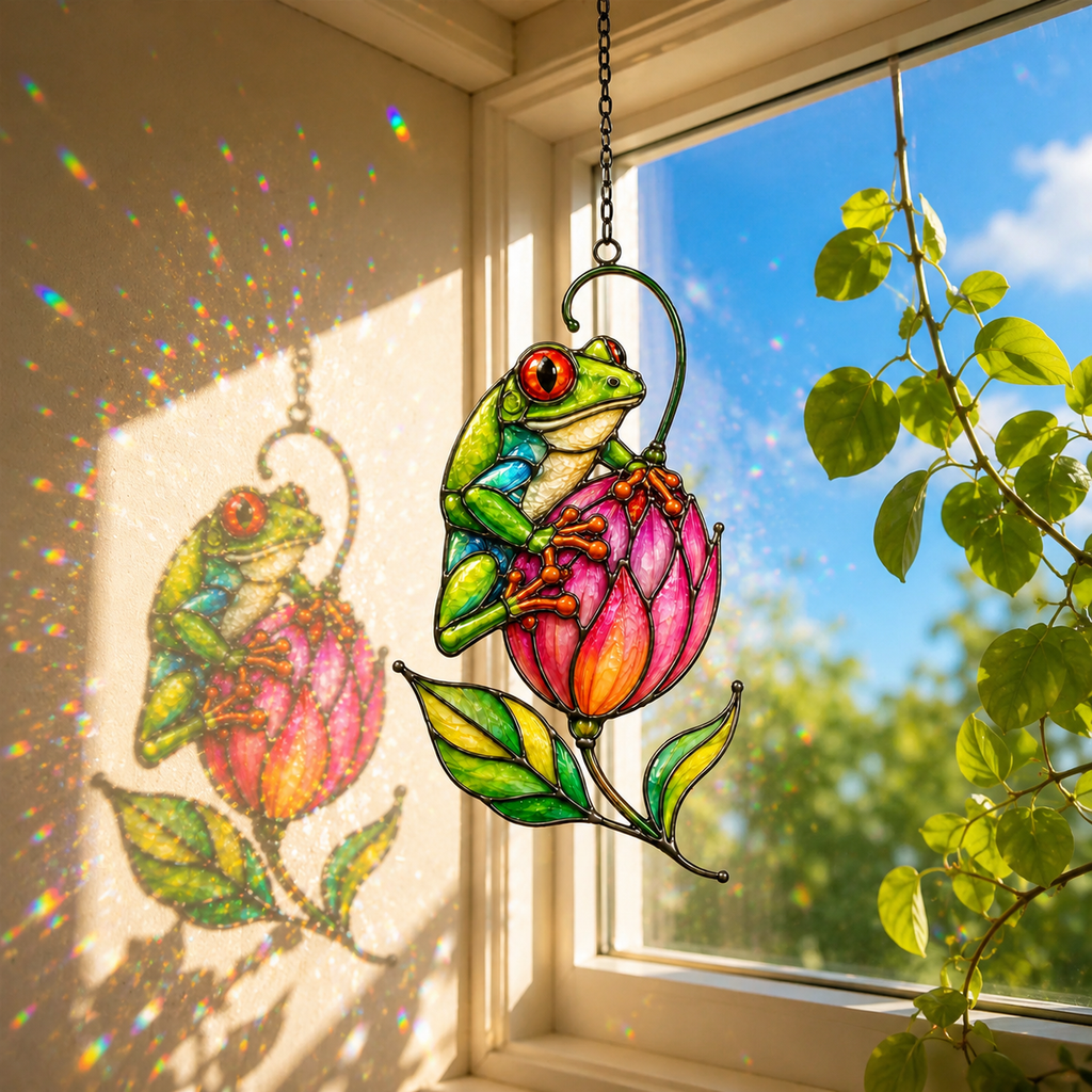 Tree frog pink tulip suncatcher casting rainbow reflections
