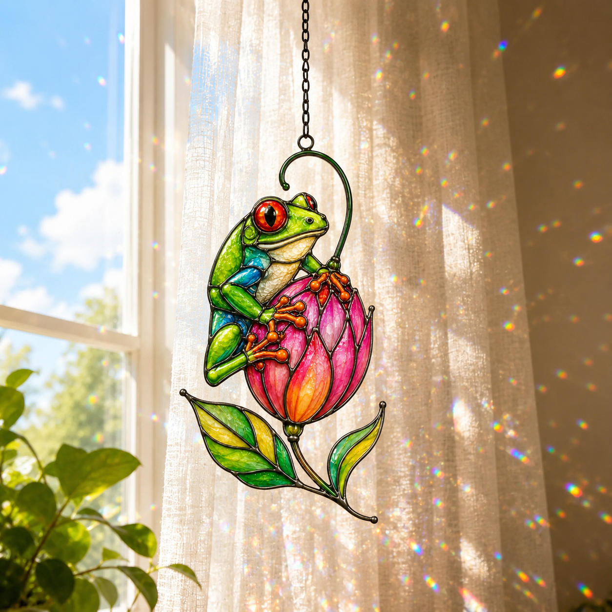 Tree frog pink tulip suncatcher with sheer curtains and plants