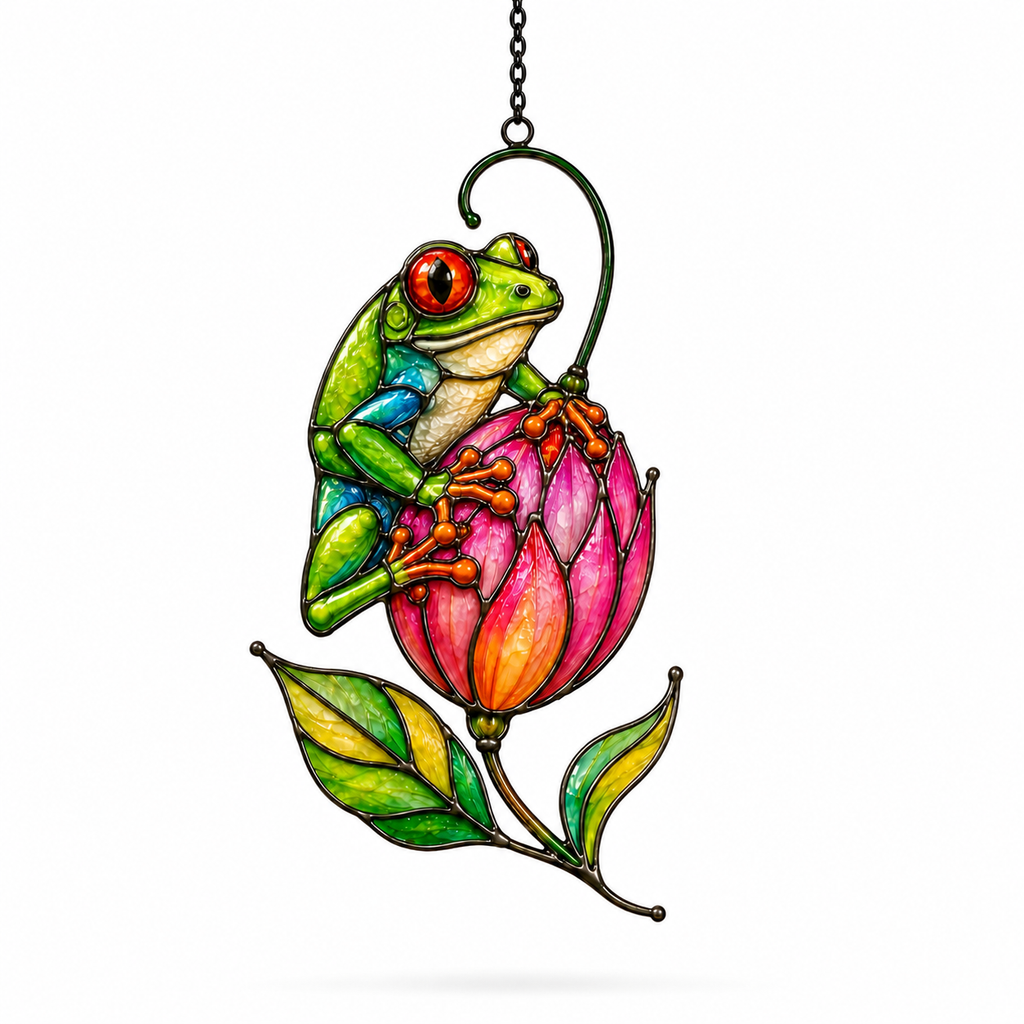 Tree frog and pink tulip bloom holographic acrylic suncatcher artwork