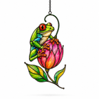 Tree frog and pink tulip bloom holographic acrylic suncatcher artwork