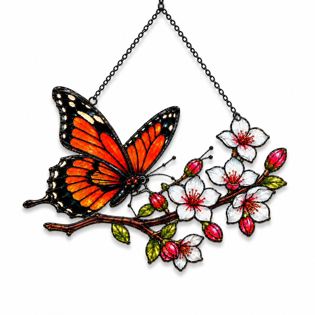 Monarch butterfly and white cherry blossom branch holographic acrylic suncatcher artwork
