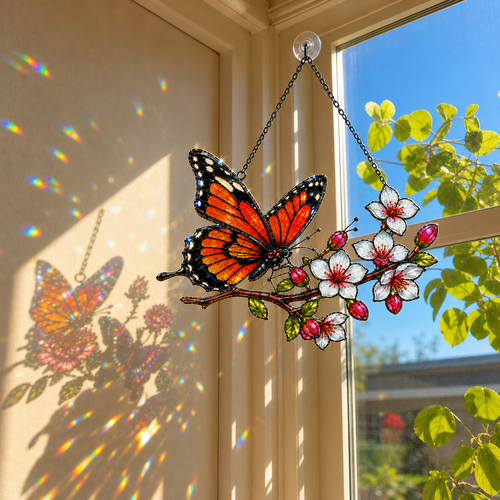 Monarch butterfly cherry blossom suncatcher casting rainbow reflections