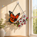 Monarch butterfly cherry blossom suncatcher hanging with a suction hook