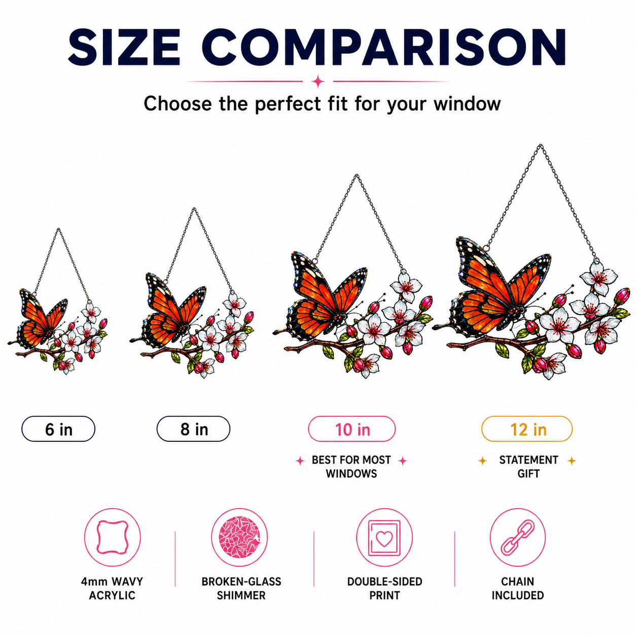 Monarch butterfly cherry blossom suncatcher size comparison 6 8 10 12 inch