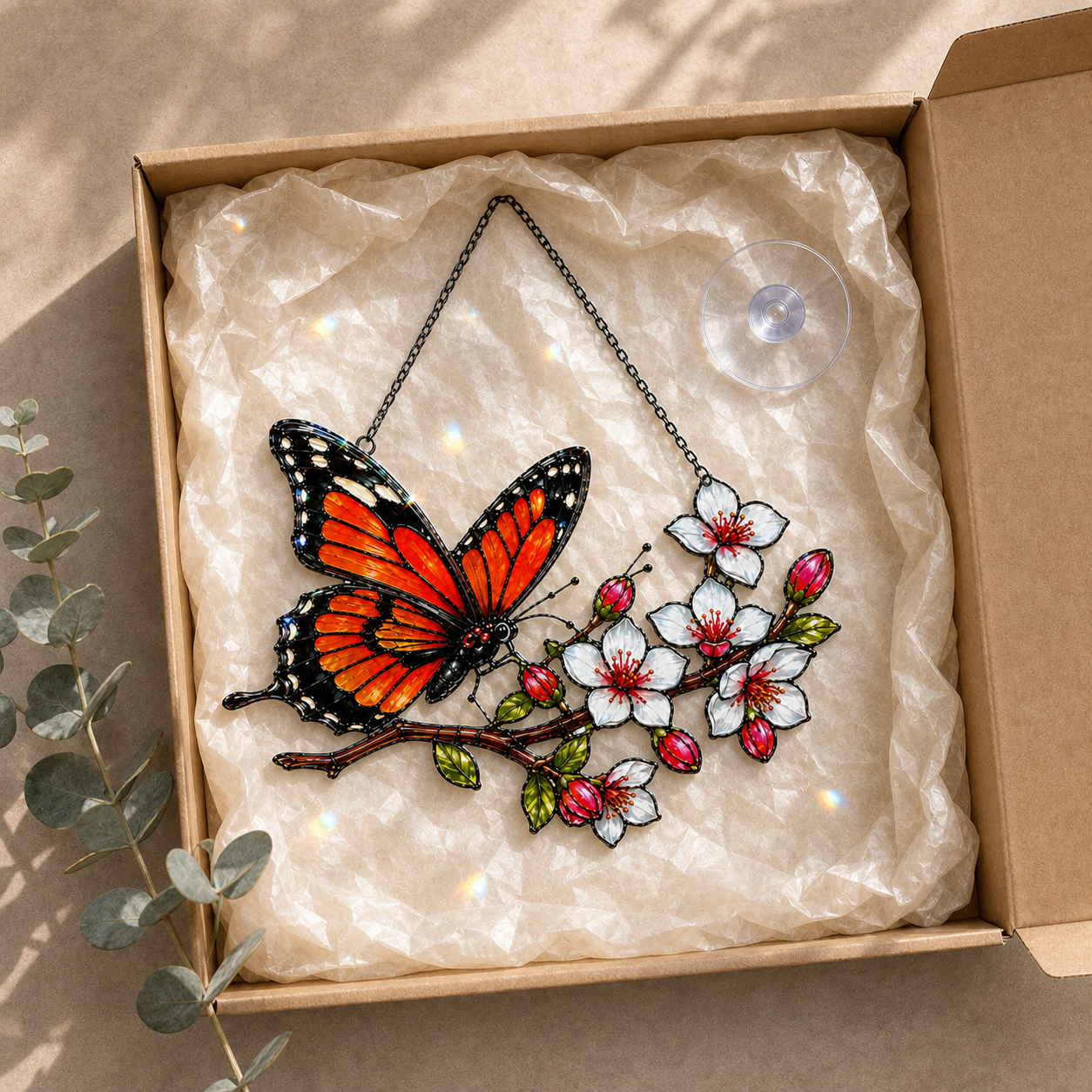 Monarch butterfly cherry blossom suncatcher gift box packaging