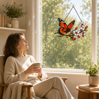 Monarch butterfly cherry blossom suncatcher by a cozy reading window